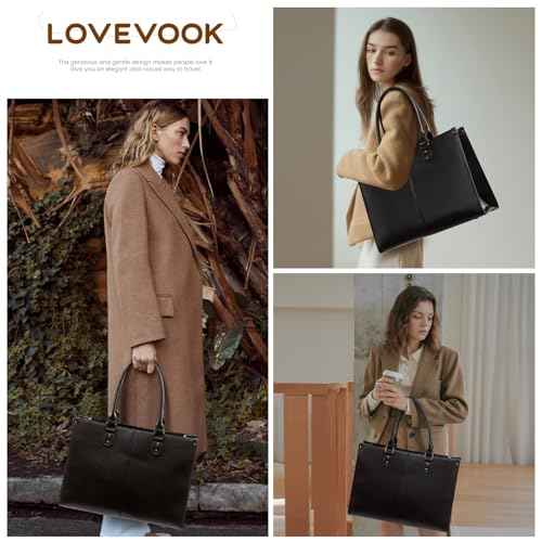 LOVEVOOK Laptop Tote Bag for Women, Large Capacity Vintage Leather Work Computer Bag, Business Casual Shoulder Handbag, 15.6inch Black