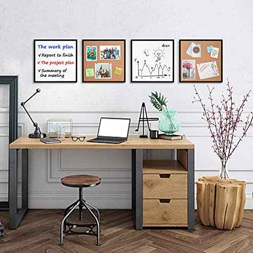 Cork Bulletin Board and Magnetic Dry Erase White Board for Wall, 4-Pack 12" X 12" Square Tiles with Black Framed Combination Board¡¦