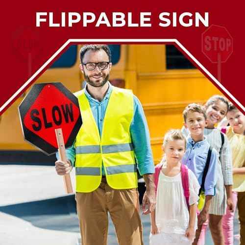 OLANZU 5-Pack Handheld Stop Slow Signs with Wooden Handle - 12" x 12" Double-sided Crossing Guard Stop Sign - Honeycomb Reflective Road Sign - Easy to Install