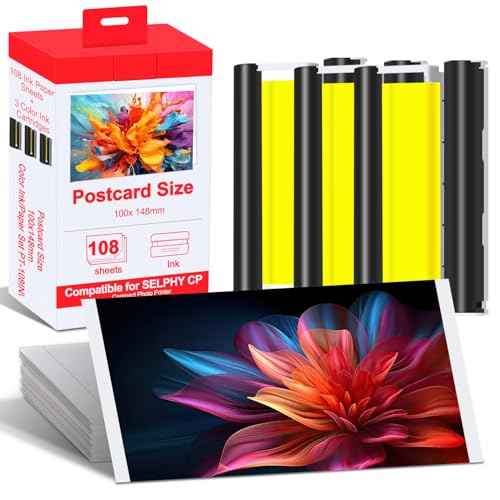 Compatible for Canon Selphy CP1500 CP1300 Ink and Paper, KP-108IN KP108 3 Color Ink Cartridges and 108 Sheets Glossy 4x6 Photo Paper for Selphy CP1500 CP1200 CP1000 CP910 CP900