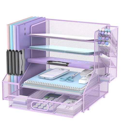 DALTACK Mesh Desk Organizer, 5-Tier Paper Letter Tray with File Holder & Pen Holder & Sliding Drawer, Desktop Organizer and Storage for Desk Accessories Office Supplies, Purple
