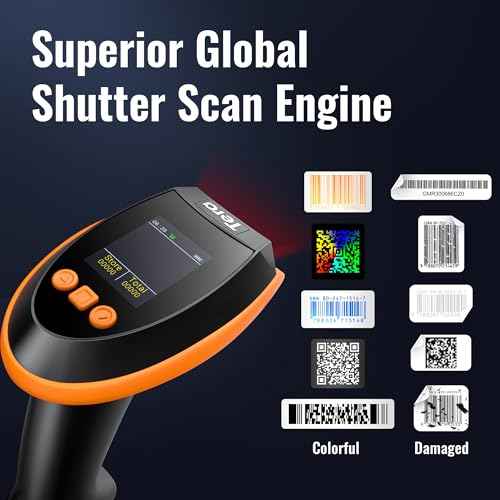 Tera Barcode Scanner Wireless with Screen: Pro Version 1D 2D QR with Setting Keypad Charging Cradle Works with Bluetooth 2.4G Wireless USB Wired Handheld Bar Code Reader HW0009