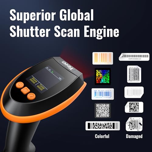 Tera Orange Wireless Barcode Scanner with Screen & Charging Cradle - Pro 1D 2D QR