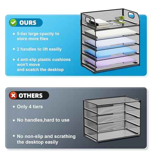 Marbrasse 5 Tier Paper Organizer Letter Tray, Mesh Desk File Organizer with Handle, Paper Sorter Desk Organizer for Home Office Supplies(Black)