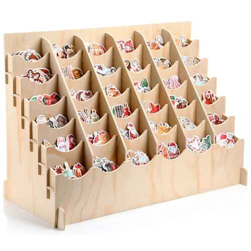 36 Pocket Sticker Display Stand for 4 Inch Stickers 6 x 6 Curved Pocket Brochure Holder for Vendor Booths Craft Fairs Wooden Bookmark Organizer Rack for Small Business & Tabletop Display