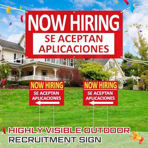 1 Pcs 2 x 4 ft Now Hiring Banner and 2 Pcs 18 x 24 Inch Now Hiring Yard Sign with Stakes Se Aceptan Aplicaciones English and Spanish Bilingual Signage Outdoor Indoor for Business and Stores