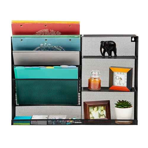 Mind Reader 4-Tier Vertical File Storage and Shelves, Desktop Organizer, Wall Mount, Office, Metal Mesh, 22.5" L x 4" W x 16" H, Black
