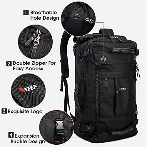 KAKA Travel Backpack,Camping Bag Water Resistant Flight Approved Weekender duffle backpacks Hiking Rucksack for Men Women (Black upgrade)