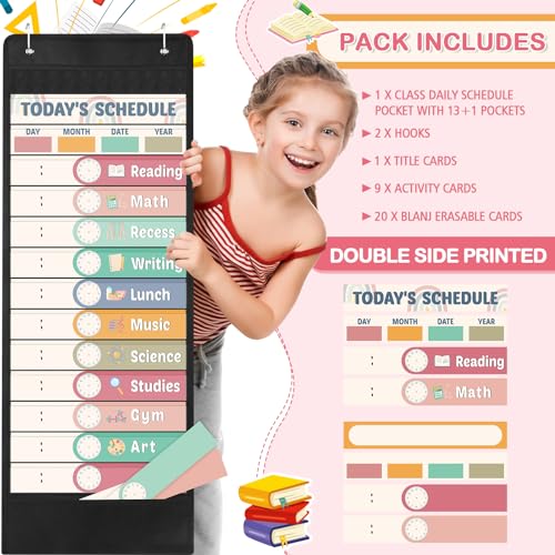 Pasimy Daily Schedule Pocket Chart - Colorful Rainbow Classroom Organizer with 14 Pockets
