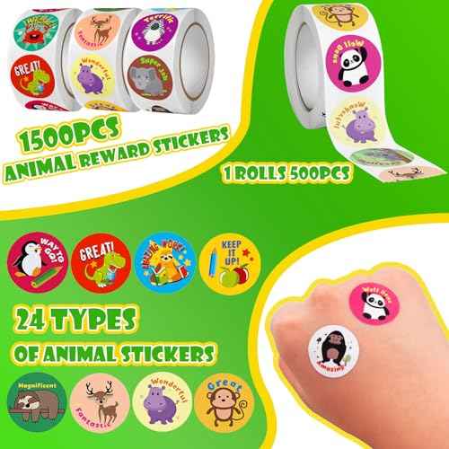 3 Rolls Motivational Stickers for Kids 1500 Pcs Round Animal Incentive Stickers for School Classroom Potty Training Rewards (Multicolour Animal)