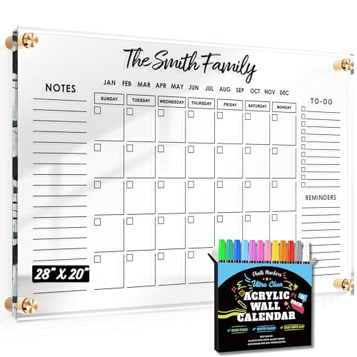 Large Oversize Crystal Clear Acrylic Wall Calendar Dry & Erase Board | 28" X 20" | Monthly Family Calendar Home Office Glass Calander Reusable Big Whiteboard | Free Pens & Eraser