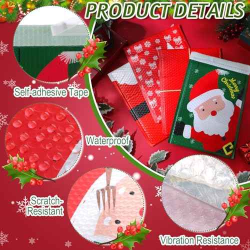 40 Pcs 10 x 13 Inch Large Christmas Poly Bubble Mailers Christmas Padded Envelopes Self Adhesive Holiday Shipping Bags Assorted Xmas Bags for Business School Family Xmas Gift