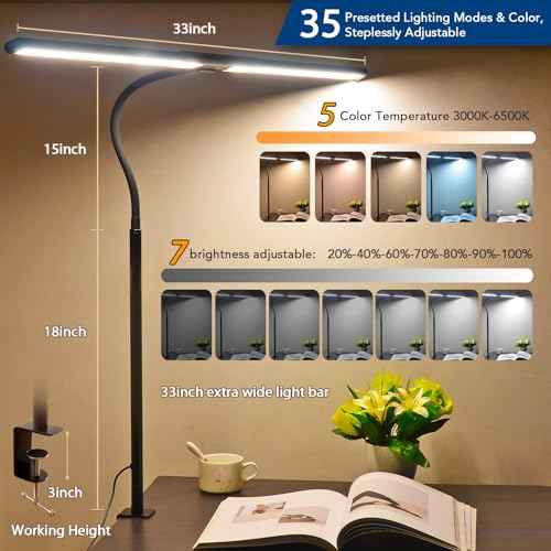 Desk Lamp for Home Office, Eye-Caring Architect Desk Lamp with Clamp, 24W Ultra Bright Auto Dimming Computer Light Stepless Dimming and Tempering Table Light for Reading, Study, Work