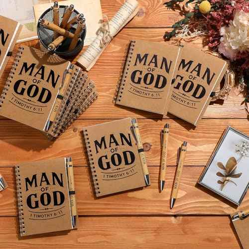 30 Sets Man of God Christian Gifts Bulk Man of God Notebook and Pen Set Bulk Christian Spiral Notebook Bible Verse Retractable Bamboo Pens for Men Dad Pastors Church Gift (Brown)
