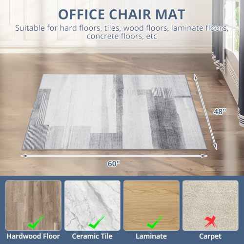 Office Chair Mat for Hardwood Floor, 48x60 Floor Mat for Office Chair, Low Pile Desk Floor Protector, Grey & White Modern Pattern