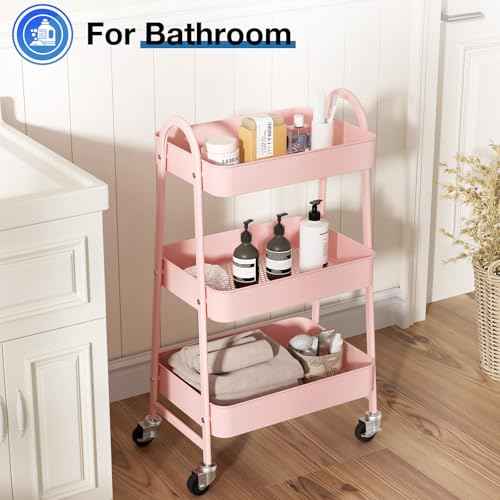 OLIXIS 3 Tier Utility Rolling Cart with Lockable Caster Wheels, Metal Mobile Storage Shelf, Organization for Livingroom, Bathroom, Kitchen, & Narrow Places, Clear Pink