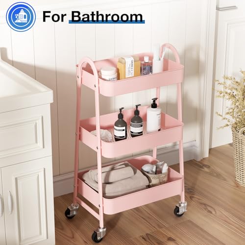 Pink 3-Tier Metal Rolling Storage Cart with Lockable Wheels - 17 Inch