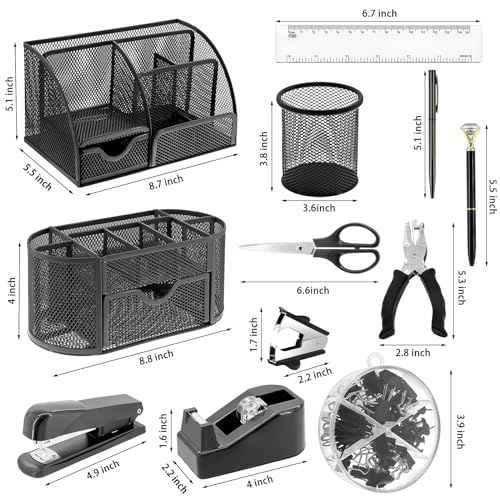 17 in 1 Black Desk Organizers and Accessories Set, 3 Office Desk Supplies Storage Organization, 4 Pens, Stapler, Staples & Remover, Tape & Dispenser, Scissors, Ruler, Clips, Hole Punch, Back to School