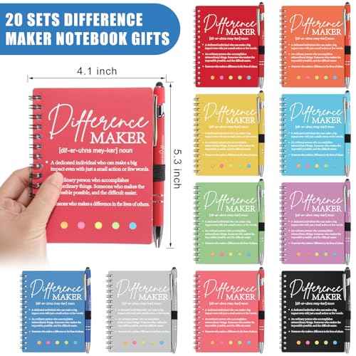 Skyygemm 20 Sets Difference Maker Gifts Bulk Employee Appreciation Gifts Spiral Notebook Journal with Sticky Notepad Index Tabs Thank You Gifts with Ballpoint Pens for Coworker Teacher (Multicolor)