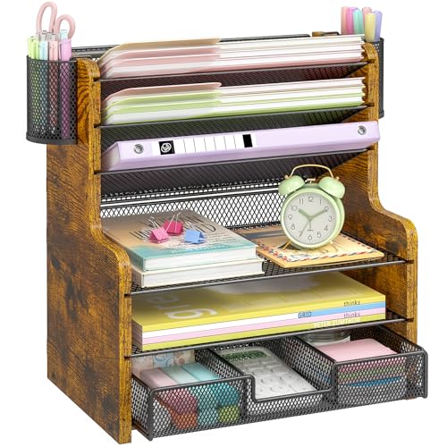 6-Tier Mesh Desk Organizer with Drawer, Wooden Office Organizer for Papers, Folders & Office Supplies - Sturdy Desktop File Holder with 2 Pen Holders - Space Saving Home Office Accessories