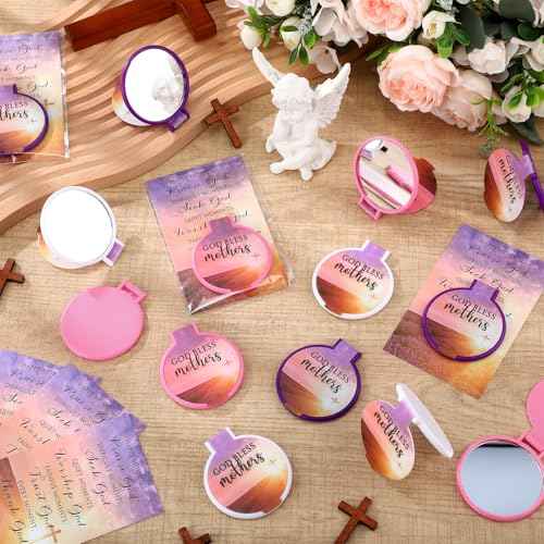 50 Sets Thanksgiving Christian Gifts for Mother Religious Compact Mirrors Bulk God Bless Mothers Bible Folding Round Mirror with Cards Church Gifts for Christmas Women Church Sunday School