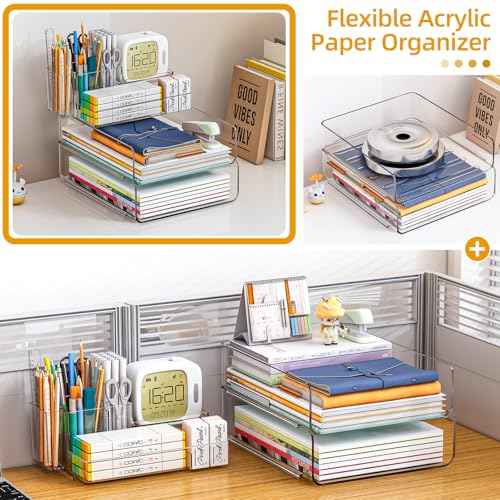Paper Organizer Letter Tray - Acrylic Stackable Desk File Organizer with 5-Gird Tray and Pencil Holder, Clear File Organizer for Desk, Office Organizer for File Paper, Ipad, Letter, Small Item Etc