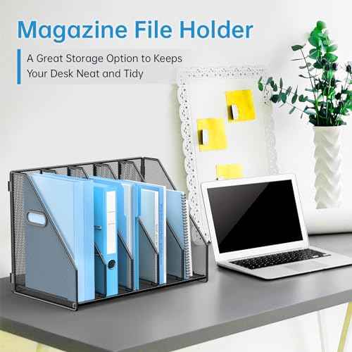 Desk File Organizer Metal Desk Magazine Folder Holder with 5 Vertical Compartments Rack File Organizer for Office, Home, School, Black