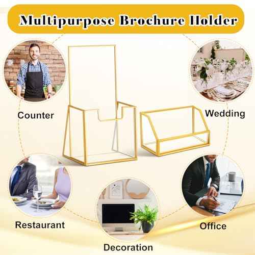 4 Pcs Glass Display Stand Set 2 Gold Glass Brochure Holder Stand 2 Gold Business Card Holder for Office Desktop Countertop Name Card Magazine Literature Journal (4 x 8 '')
