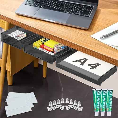 3 Pack Large & Medium & Small Under Desk Drawer Organizer, Pull Out Drawer for Office, Under Desk Storage Drawers, Under Cabinet Drawers Slide Out (Clear Black)