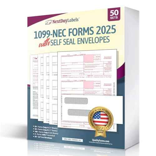 NextDayLabels - 1099-NEC Forms for 2025, 4-Part Tax Forms, Vendor Kit of 50 Laser Forms and 50 Self-Seal Envelopes, Forms Designed for QuickBooks, TFP and Other Accounting Software