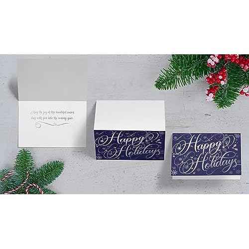 Better Office Products 50 Pack Happy Holidays Cards with Silver Foil Accents, 5" x 7", High Gloss, Interior Greeting, with 50 Envelopes, Christmas Cards, New Years Cards, 50 Count Boxed Set