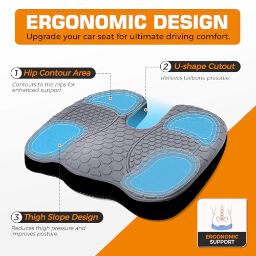 Kingfun Seat Cushion - Foam Seat Cushion for Office Chairs & Car Cooling Gel Memory - Seatssciatica & Hip & Coccyx Pain Relief Desk Chair Cushion for Long Sitting Office Workers, Gaming, Car Drivers