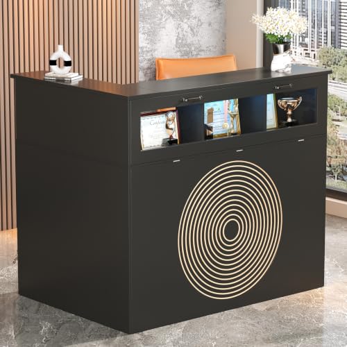 HIMcup Black Reception Desk with Outlet, LED Lights & Glass Display – L-Shaped Corner Counter