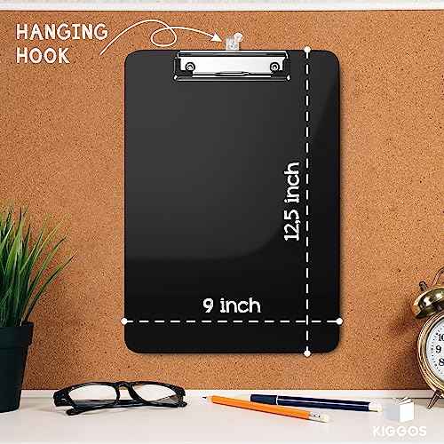25 Pack Plastic Clipboards Black Clip Boards with Low Profile Metal 12.5 x 9 Inch Letter Size Bulk Class Set Black Acrylic Hanging Hook - Holds 100 Sheets