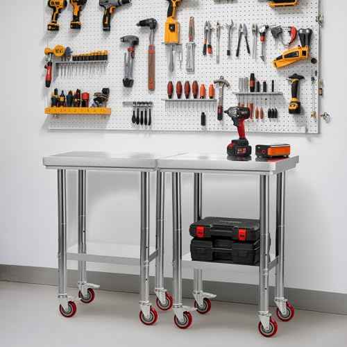 VEVOR Stainless Steel Table, 24 x 18 Inches Food Prep Worktable with Wheels, Kitchen Prep Table with Adjustable Undershelf Workstations for Commercial Kitchen, Restaurant, Hotel and Garage, Outdoor