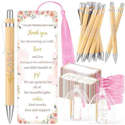 50 Sets Baby Shower Favors for Guests Includes 50 Baby Shower Ballpoint Pens 50 Thank You Bookmarks 50 Organza Bags for Gender Reveal Gifts Guest Prizes(Floral,Pink)