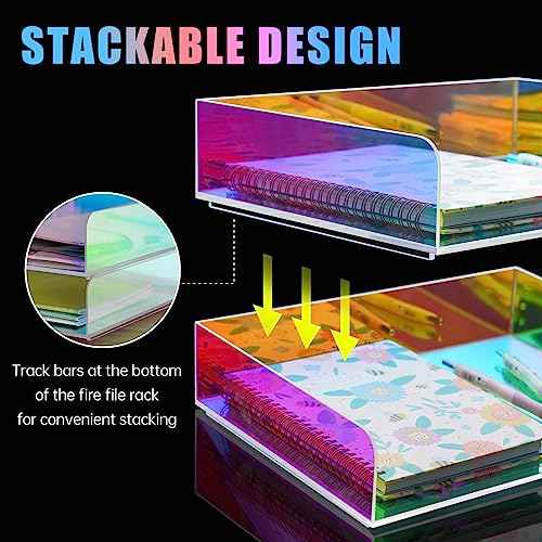 Acrylic Letter Tray 2-Tier Iridescent Stackable Desk Paper Tray Organizer and Office Accessories Supplies, Rainbow Letter Size Desk Accessories Storage Organization (Portrait)