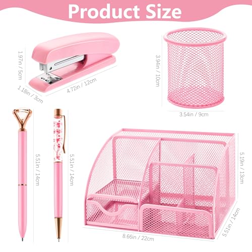 11 Pcs Pink Office Supplies Set Mesh Desk Organizer Accessories Kit Include Stapler Tape Dispenser Staple Remover Clips Ruler Scissors Sticky Notes for Office School Home Women (Pink)
