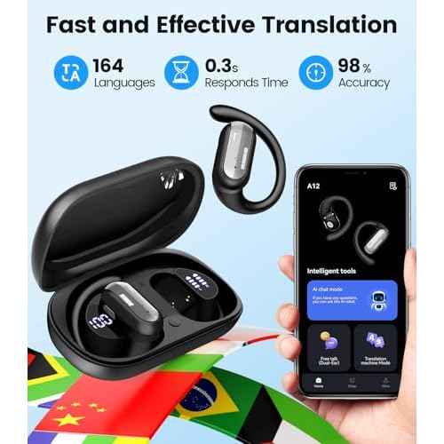 AI Translation Earbuds Real Time 164 Languages Translator Ear Buds Audifonos Traductores Ingl?s Espa?ol 4-in-1 Wireless Headphones Bluetooth Earphones for Travel Business Meeting Learning Black