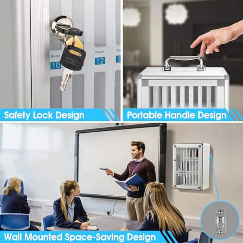 Cell Phone Locker for Classroom, 24 Slots Portable Phone Holder Box, Wall Mount Phone Box with Security Lock, Lightweight Phone Storage Organizer Cabinet, Pocket Chart Storage (Silver)