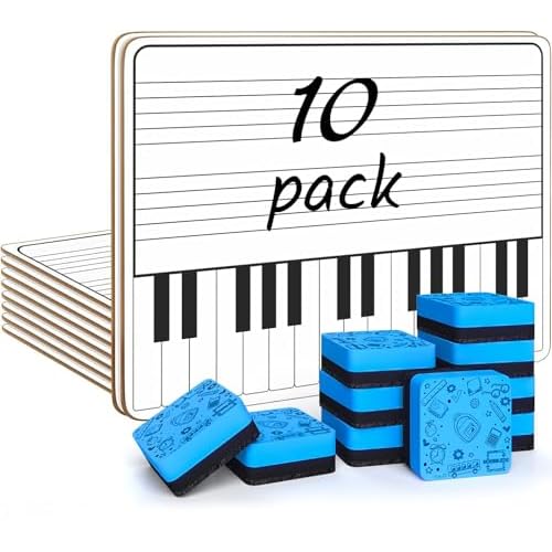 SCRIBBLEDO 10 Pack 11 x 14 Inch Piano Board Dry Erase White Boards Keyboard Double Sided Music Staff whiteboard for Kids Students, Musicians Music Class Supplies. (10 Erasers Included)