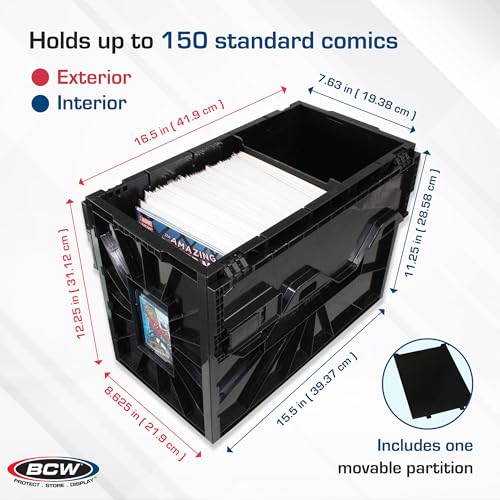 BCW Comic Bin, Black - Holds 150 Comics, Acid Free Storage and Organizer, Heavy Duty Plastic, Stackable, Includes Partition