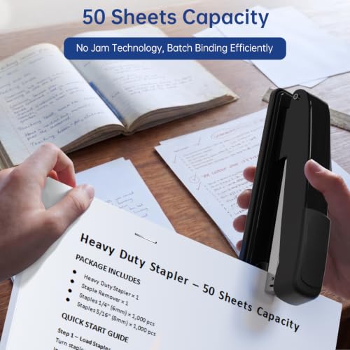 Jyumini Heavy Duty Metal Stapler Black, 50-Sheet Capacity with 2000 Staples & Remover