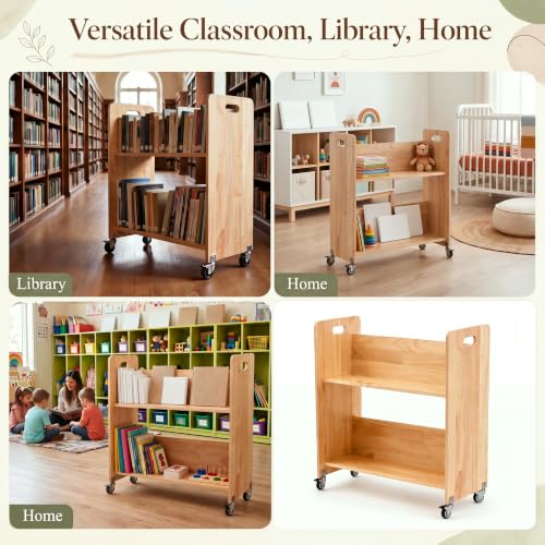 Leinuosen Solid Wood 2-Tier Book Cart with 2in Casters, 32" W x 30" H