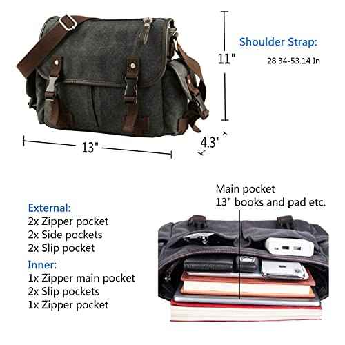 [Upgraded] Vintage Canvas Messenger Bag 13 15.6 17 inches Large Book Laptop Shoulder Bag Women Men New (Black, Medium)