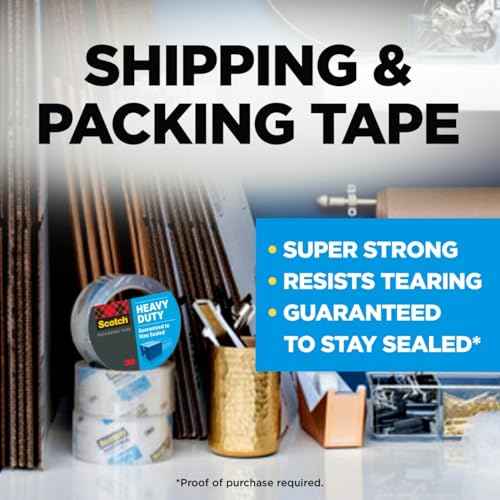 Scotch Heavy Duty Shipping Packing Tape, Clear, Holiday Shipping Supplies, 1.88 in. x 22.2 yd., 6 Tape Rolls with 1 Dispenser