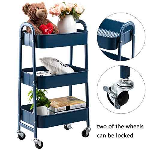 AGTEK Makeup Cart, Movable Rolling Organizer Cart, 3 Tier Metal Utility Cart,Navy Blue