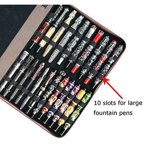 Real Leather Pen Case for Fountain Pen/Rollerball Pen, Genuine Cowhide Holder Pouch Bag for 46 Pens, Fit in Various Size Large Capacity Office Business Gift - Brown