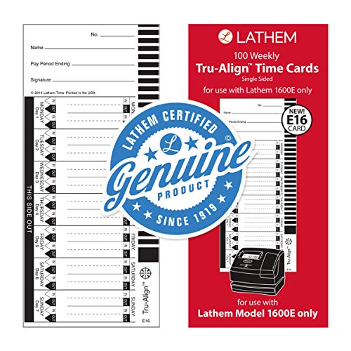 Lathem TruAlign E16 Time Cards for 1600E, Weekly, 1-Sided, 4" x 9", White, Box of 100, (E16-100)