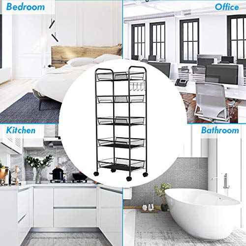 Giantex 5-Tier Storage Cart Rolling Trolley Organizer Utility Cart with Lockable Wheels, 5 Hooks, Mesh Shelves for Home Kitchen, Bathroom, Office and Bedroom (Black)